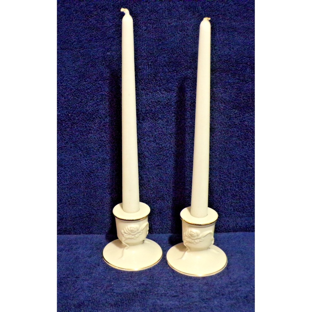 Lenox Porcelain 24K Gold Rim "Rosebud" Round Candlestick Holders Set of 2